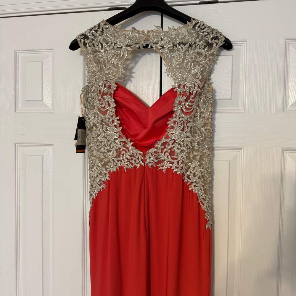 Red Maxi Evening Dress with Cream Lace Accents - Picture 2 of 5